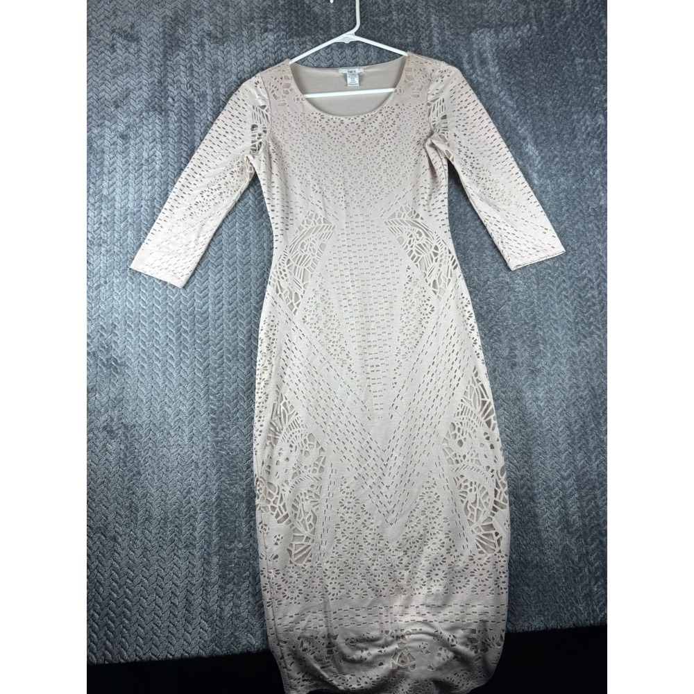 Bar III Bodycon Dress Womens Small Beige Rayon Stretch Laser Cut Knee Length